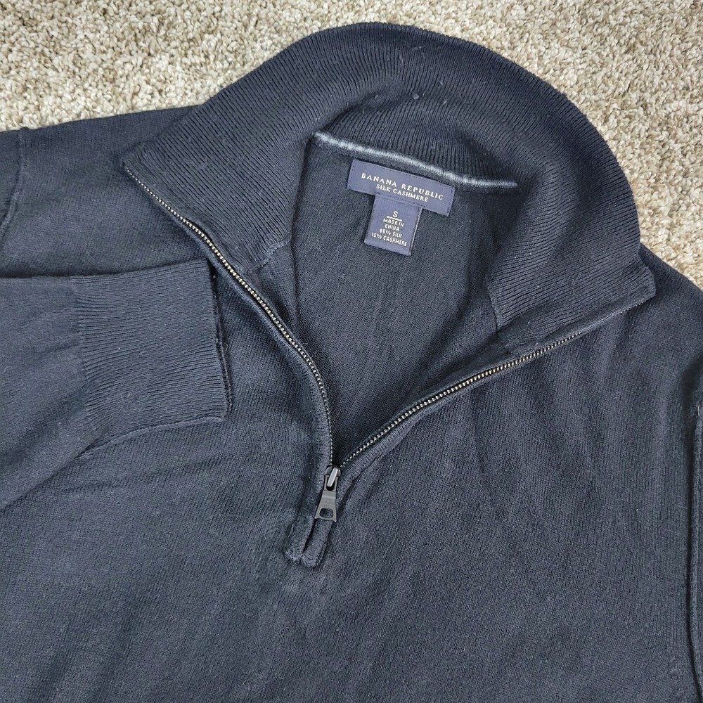 Banana Republic Mens Small Solid Black Stretch Knit Quarter‎ Zip Silk Cashmere